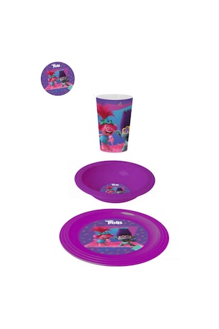 Flosoft Lisanslı Trolls Çocuk Kahvaltı Seti, Trolls Desenli Kase Tabak Bardak 3 Lü Yemek Seti