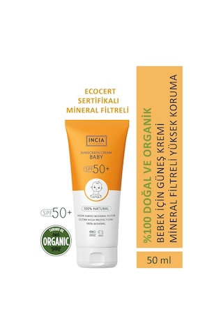 INCIA %100 Doğal Bebek Güneş Kremi Leke Karşıtı Mineral Filtreli Yüksek Koruma SPF 50+ UVA UVB 50 ML