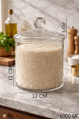 1000 Ml. Desenli Cam Kapaklı Kavanoz - Orta Boy Cam Saklama Kabı Şeffaf