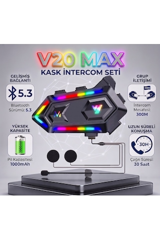 V20 Max Telsiz Özellikli 5.3 Bt Motosiklet Kask Kulaklık Intercom Rgb Işıklı 1 Adet