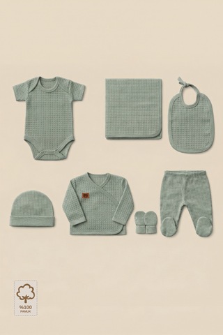 Minory Baby - %100 Pamuk 7'li Hastane Çıkışı Seti Yenidoğan 7'li Set Waffle Kumaş Yeşil Yeşil
