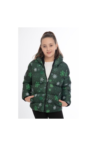 Spor Kız Spor Çocuk Pusula Desen Polar Su Ve Rüzgar Geçirmez Kapüşonlu Cepli Mont YESIL