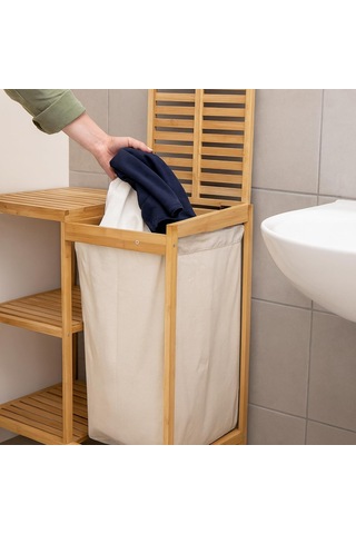 Bambu 3 Raflı Kirli Çamaşır Sepeti Kapaklı & Kumaş Torbalı Doğal Ahşap Banyo Düzenleyici Çok Renkli