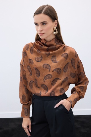 Sateen Degaje Yaka Desenli Bluz - Kahve-136572 Kahve