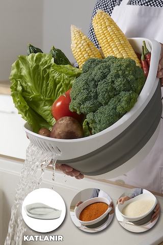 Yer Kaplamaz Katlanabilir Pirinç Bakliyat Ve Yıkama Süzgeci - Meyve Sebze Yıkama - Akordiyon Kap Beyaz - Gri