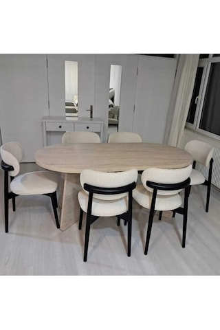 Ruby Bohem Oval Salon 6 Sandalyeli Mutfak Masası Salon Masa Takımı Krem - Siyah
