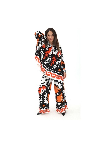 Yanı Yırtmaçlı Lale Desen Jessica Kumaş Takım - Siyah-siyah Siyah