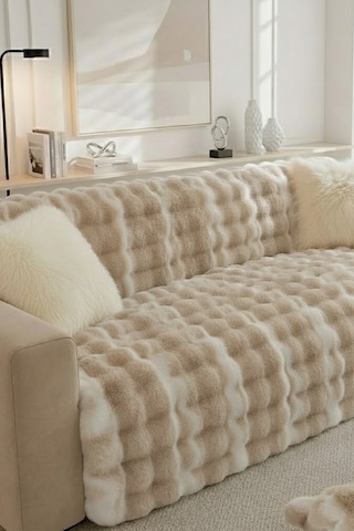 Lüks Kürklü Koltuk Örtüsü 170x215 Cm Yumuşak Peluş Kaymaz Taban Kanepe Örtüsü Kahve Krem Krem - Kahve