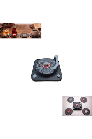 Özel Üretim Nostaljik 4 Adet Plak Tasarımlı Soğuk İçecek Bardak Altlığı Plak Çalar Standlı Vintage Çok Renkli