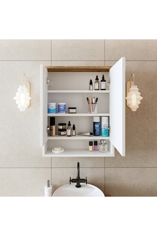 Banos Banyo Kulpsuz 2 Kapaklı Beyaz Mdf 62Cm Aynalı Banyo Üst Dlp Atlantik Çam - Beyaz