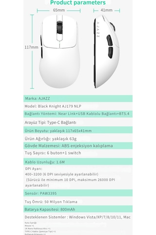 Aj179 Nl P Near-link 3 Modlu 1000hz 26.000 Dpı 800 Mah Batarya Paw 3395 - Yeni Nesil Bağlantı Modu Diğer