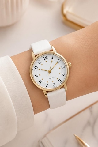 Kadın Kol Saati Beyaz Deri Kordon Sarı Kasa Beyaz Analog Kadran St-304458