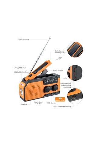 2022 Yeni Noaa Acil Durum Çok İşlevli Güneş Enerjili El Kranklı Radyo Okuma Işığı El Kranklı Mobil Güç Kaynağı Turuncu Am/fm Noaa Abd Versiyonu 5000mah
