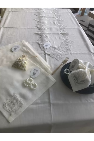 Buradabulabilirsin Sofra Takımı Kartanesi Gardenya Keten Yemek Takımı 160x220 Masa Seti 26 Parça Runner Set Kreme Gold Bbz