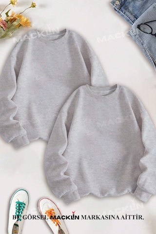 Macklin Sevgili Çift Kombin Şimşek Mcqueen Ve Sally Sırt Baskılı Bisiklet Yaka Sweatshirt 2li Set Takım Gri Mck1335 Gri