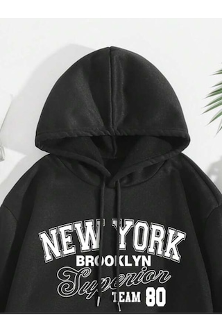 Siyah New York Team Baskılı Kapüşonlu Sweatshirt Ve Eşofman Altı Eşofman Takımı Siyah
