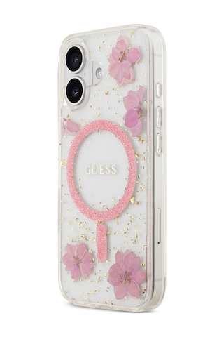 Apple Uyumlu iPhone 17 Kılıf Guess Lisanslı M-safe Özellikli Transparan Resin Flowers Kapak Pembe Pembe
