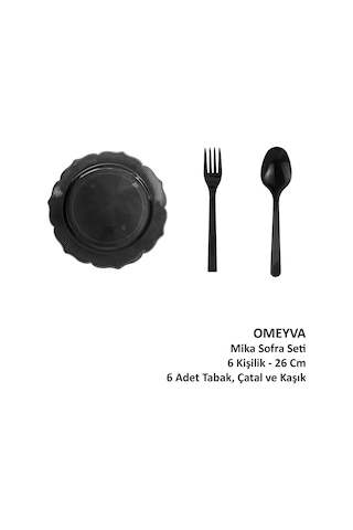 Omeyva 26 Cm. Siyah Sorfa Davet Seti - Sert Mika Plastik - 6 Kişilik Tabak Çatal Kaşık Takımı