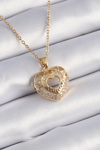316l Çelik Gold Renk Zirkon Taşlı Kalp Model Vintage Kadın Kolye Renkli