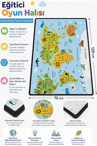 Sonictouch Çocuk Oyun Halısı İngilizce Eğitici Dünya Haritası ve Hayvanlar 70x120 CM İsme Kişiye Özel