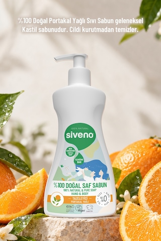 Siveno %100 Doğal Sıvı Kastil Sabun Portakal Yağlı Tazeleyici Nemlendirici Bitkisel Vegan 300 ML