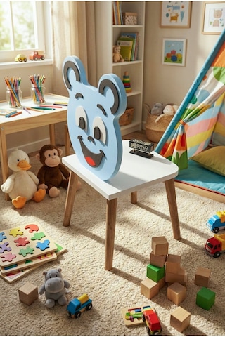 Reyo Falez Happy Face Çocuk Sandalyesi, Ahşap Ayaklı, Sevimli Figürlü Mavi