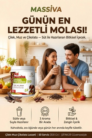 Ginsengli Toz İçecek Karışımı 300 g 50 Servis Çilek Muz Çikolata Aromalı (Massiva)