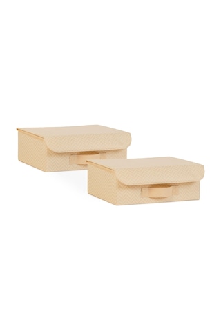 2&apos Li Bej Balıksırtı Kapaklı Kutu Set 30 X 23 X 11 Cm Açık Ahşap