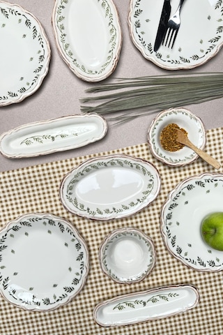 Tabak Evi Stoneware Flower Green Kahvaltı Takımı 6 Kişilik 14 Prç Beyaz - Yeşil