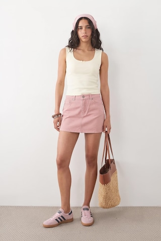 Blue White %100 Pamuk Yüksek Bel Mini Jean Etek Pembe