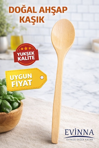 Evinna - 6'lı Ahşap Kaşık Seti Doğal Tahta Karıştırma Ve Servis Kaşığı 19cm