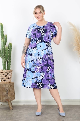 Kadın Mavi Mor Kırçiçeği Desen Midi Elbise Mavi