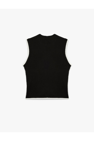 Koton Renk Kontrast Detaylı Düğmeli Bisiklet Yaka Triko Yelek Siyah 6wak30026ht Siyah