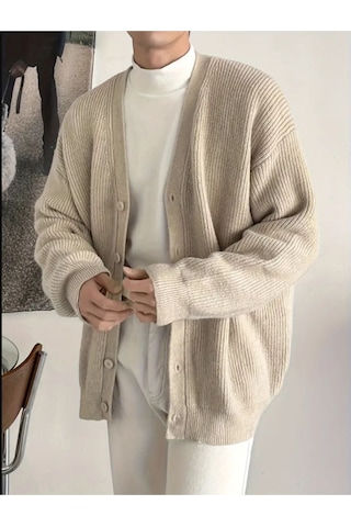 Tarz Cool Erkek Regular Fit Düğmeli V Yaka Triko Hırka Taş