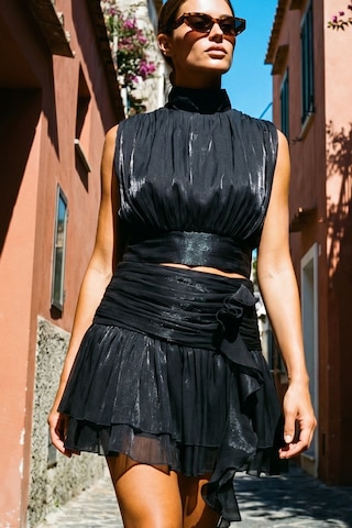 Fashion Cocktail Glam Rock Parisian Parlak Dokulu Yüksek Bel Saçaklı Etek Dik Yaka Kolsuz Bluz Kombin Moss İkili Takım Set siyah
