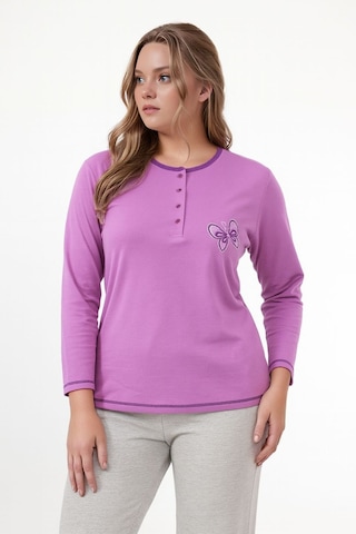 Kadın Bisiklet Yaka Düğmeli Kelebek Nakışlı Uzun Kol Büyük Beden Pamuk Curve Gecelik mor
