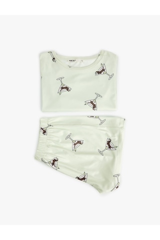Koton Bisiklet Yaka Kısa Kollu Rahat Kesim Şortlu Pijama Takımı Yeşil 6slk40171mk