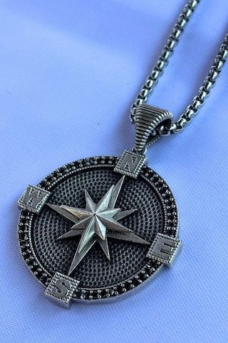 Pusula El İşçiliği Paslanmaz Çelik Zincir Erkek Kolye Gümüş