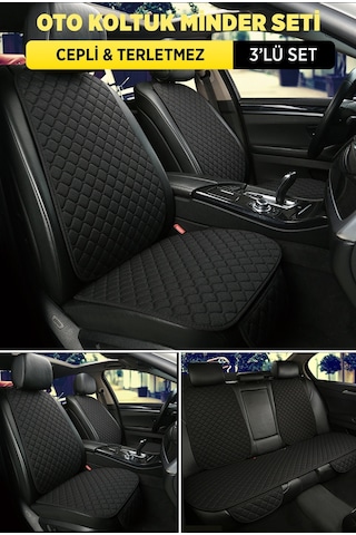 Organic Tay Tüyü Cepli & Terletmez Sırtlı Oto Koltuk Minder Seti Siyah-siyah Koltuk Koruma Kılıfı 3'lü Set