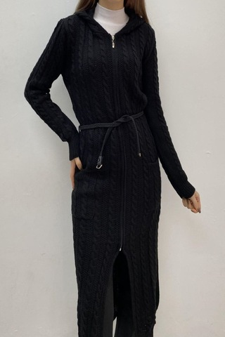 Onno Style Women Bayanuzun Kapşonlu Saç Örgü Ceket Siyah