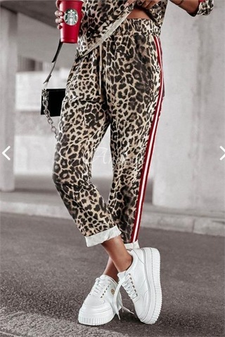 Dip Moda Kadın Leopar Desenli Çizgi Detaylı Takım Dpnbasp7233 Bej