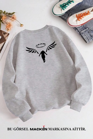 Macklin Unisex Kadın Erkek Team Walhalla Özel Tasarım Baskılı Bisiklet Yaka Sweatshirt Gri Mck1315 Gri