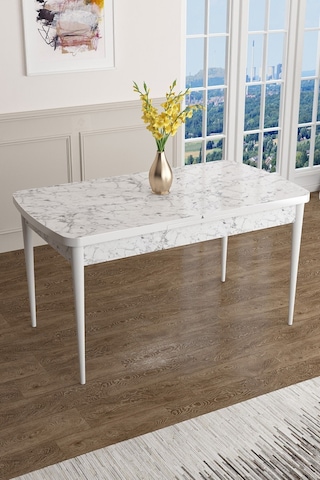 Canisa Concept Canisa Kor Serisi 70x114 Açılabilir Beyaz Mermer Desen Mutfak Masası, Yemek Masası Masa Beyaz Ayakları Beyaz Mermer Desen