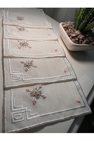 Rokoko El İşlemesi Kahve Sunumluk Peçetesi Keten 6 Parça Beyaz - Krem