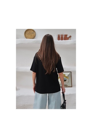 Paw Garage Kadın Mia İnterlok Kumaş Bisiklet Yaka Oversize T-shirt SIYAH