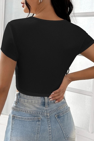 Angbutik Kadın Siyah Yarım Kol Düz Yaka Crop Top Bluz