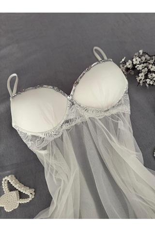 Mh Moony Homewears Stevemade Seksi Taş Detaylı Gecelik Iç Giyim Seti Ekru