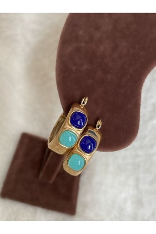 Turkuaz - Mavi Mineli Halka Gold Çelik Kararmaz Küpe Çifti Altın