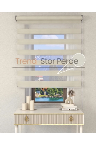 Geniş Plise Krem Etek Dilimsiz Zebra Stor Güneşlik Perde Krem