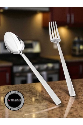 24 Parça 12 Kişilik Yemek Kaşığı 12 Kişilik Yemek Çatalı Seti Sade Çubuk Model 18/0 Kalite Çelik